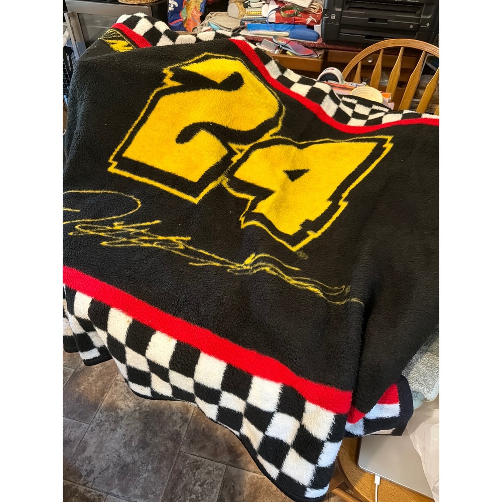 Jeff Gordon NASCAR 24 Fleece Throw Blanket Checkered Flag Signature Black Yellow